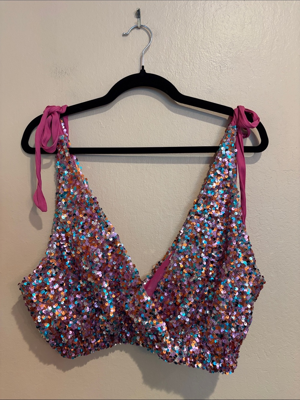 Free People Colorful Sequin Tie-Shoulder Bandeau Bralette, Dance Vibes, Size S